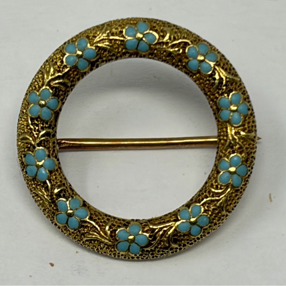 Antique Victorian 14K Gold Forget Me Not Turquoise Circle Brooch